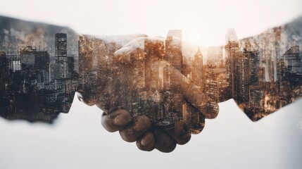 Fototapeta premium Close-up of hands shaking over a cityscape background - opportunity close-up ambition growth