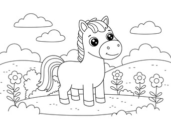 coloring page with a picture of a horse in the park