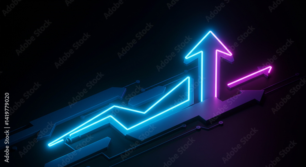 Poster neon arrows pointing up on a futuristic platform with a dark background showing growth and progress