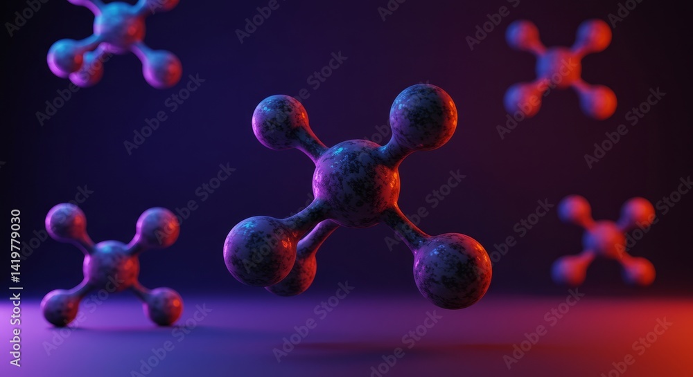 Poster abstract 3d rendering of glowing particles in purple and red