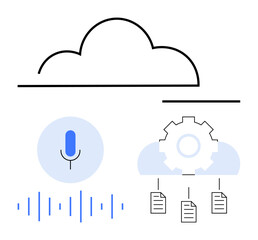 Cloud, voice microphone, sound waves, gear, and document graphics represent voice recognition, cloud storage, and automation. Ideal for AI, technology cloud services data sharing innovation