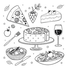 Modern Minimalist Line Art Set for Dinner Party &ndash; Hand-Drawn Food, Drinks, Candles & Elegant Decor Elements | Coquette Ink Style Vector Illustrations for Menu Design
