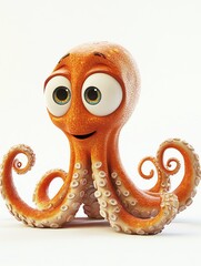 Adorable Orange Octopus Cartoon Character,Smiling Cheerfully Against a White Background