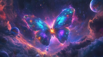 Naklejka premium Vibrant Cosmic Butterfly Surrounded by Stars, Planets, and Colorful Nebulae in an Expansive Universe of Fantasy and Wonder