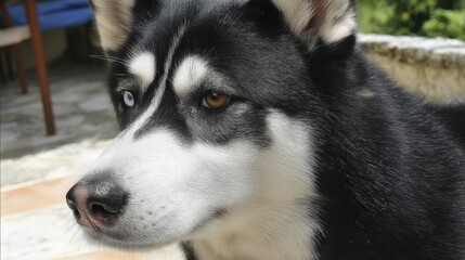 Obraz premium Magnificent adult Siberian husky gazing intently at something - heterochromia blue snow purebred gaze