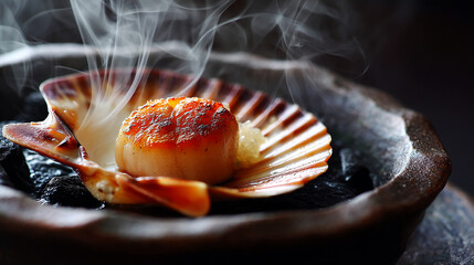 Japanese-style grilled scallop with soy butter steam