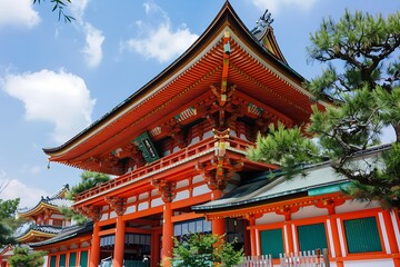Fototapeta premium Vibrant Japanese Temple Structure With Intricate Details and Lush Greenery under Blue Sky