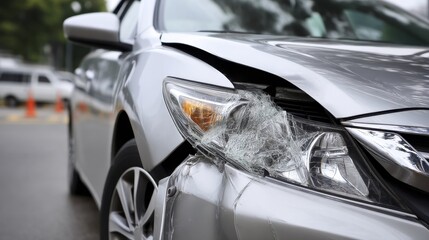 Shattered headlight and crumpled fender of a silver sedan after a collision - end damage  metal totaled crash