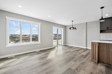 Large, empty living room with a view of the mountains