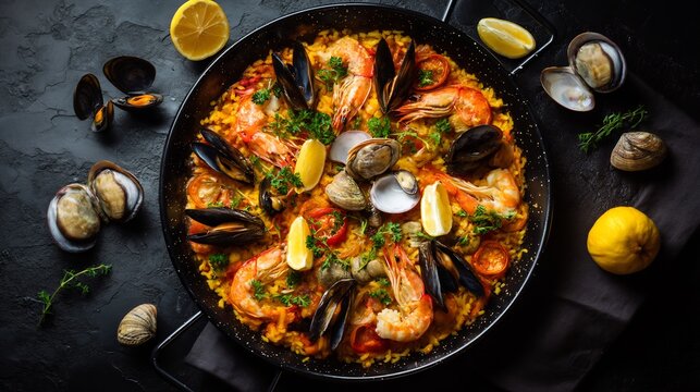 Spain dinner food paella de mariscos seafood paella shrimp mussels clams and lemon wedges iconic Spanish meal in paella pan on rustic black background captured in flat lay style