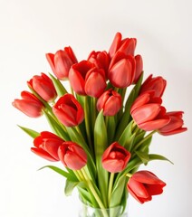 Fototapeta premium A vibrant bouquet of classic red tulips, stems and leaves included, stem, flower arrangement, bright