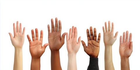 Diverse hands raised on white background