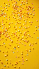 Bright yellow confetti strewn across a vibrant yellow surface, festival, party, illustration