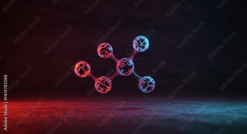 Aufkleber abstract network connection glowing polygonal nodes and links in dark red and blue neon