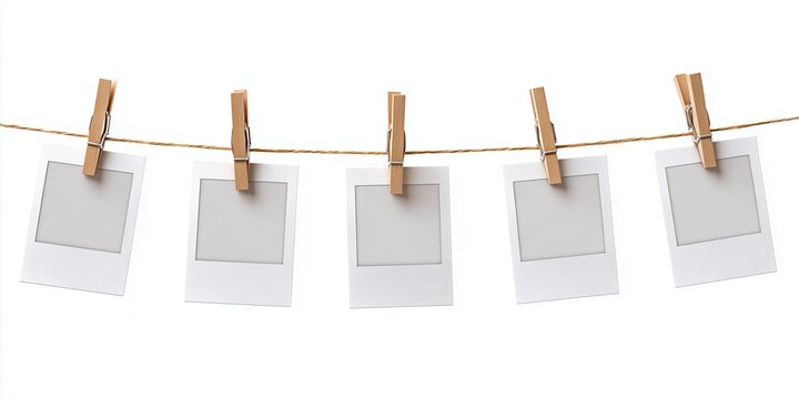 Five blank Polaroid frames hanging on string with wooden clothespins