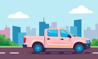 Pink Truck on Road with Cityscape Background