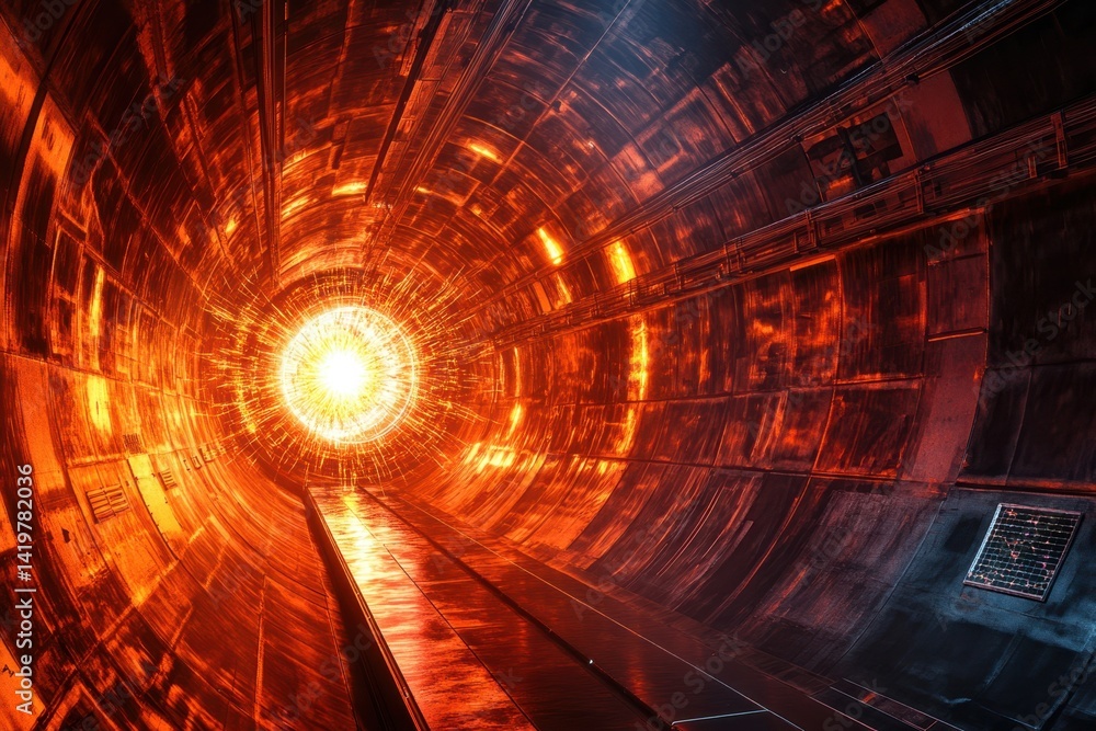 Poster bright light emerging from the end of a metallic tunnel in an industrial setting at dusk