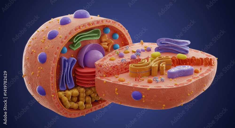 Poster detailed 3d rendering of a colorful cellular anatomy with visible organelles