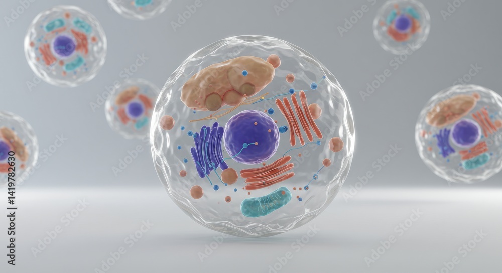 Poster detailed 3d rendering of a transparent cell with visible organelles on light gray
