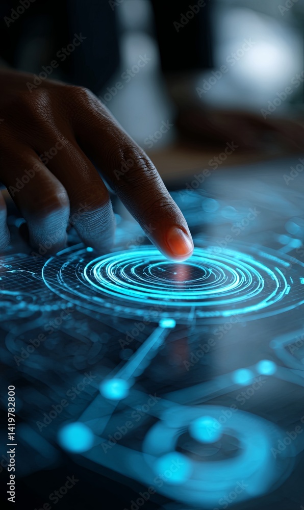 Poster exploring digital technology with a finger on a glowing interface
