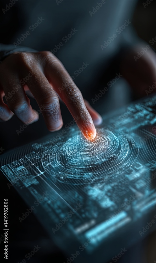 Poster exploring digital interfaces with touch technology in a modern setting