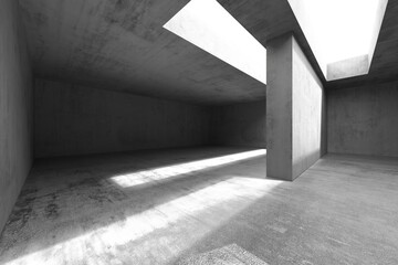 Minimalist architectural interior with concrete walls and skylights for modern design inspiration. 3d render
