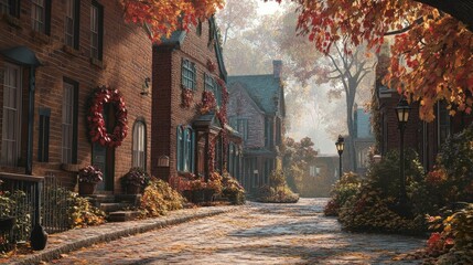 Autumnal brick street, foliage, quaint houses.