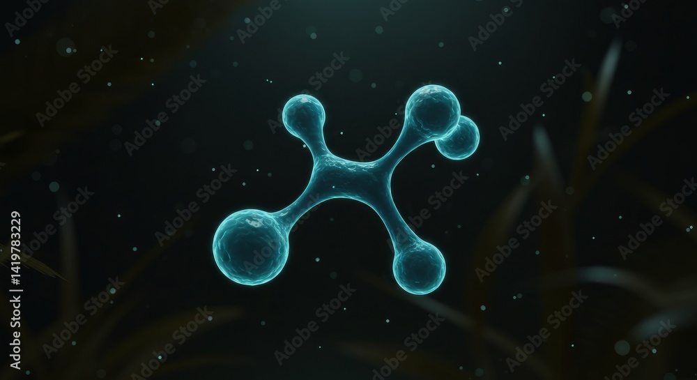 Poster glowing blue molecular structure in dark background 3d rendering