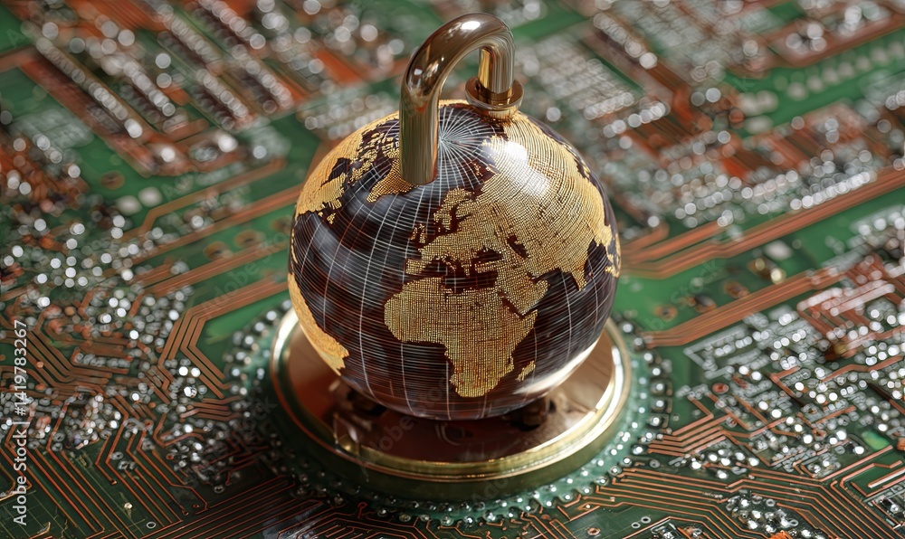 Poster digital globe secured with padlock on circuit board background