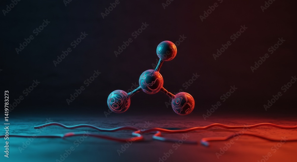 Poster glowing molecular structure abstract 3d render of illuminated spheres in dark space. blue