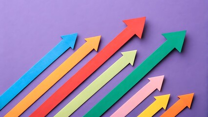 Colorful arrows soaring upward, symbolizing growth, progress, and a bright future on a vibrant purple background.