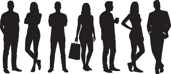 Flat vector silhouettes of casually dressed men and women standing in different full-body poses, solid black figures isolated on white background for creative design
