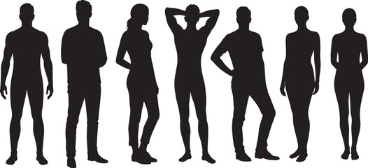 Flat vector silhouettes of casually dressed men and women standing in different full-body poses, solid black figures isolated on white background for creative design