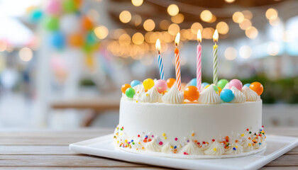 delightful birthday cake adorned with colorful candles and vibrant decorations, set against festive background filled with soft bokeh lights