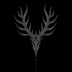 Stylized silver deer head on black background