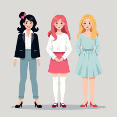 Three stylish cartoon women with different hair colors