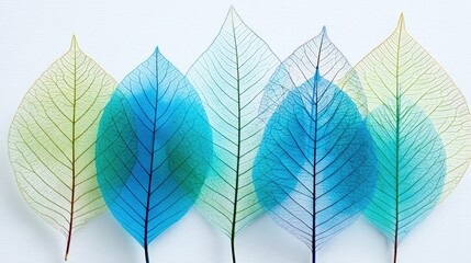 Obraz premium Delicate, colorful leaves in shades of blue and green, showcasing intricate vein patterns against a light background.