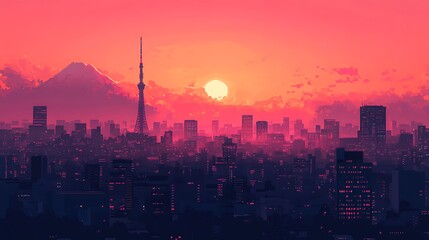Flat design of Tokyo from Shibuya skyline view, silhouette of dense urban buildings, Skytree rising in the distance, Mt. Fuji barely visible in the far haze, pink-orange evening sky, hd quality,