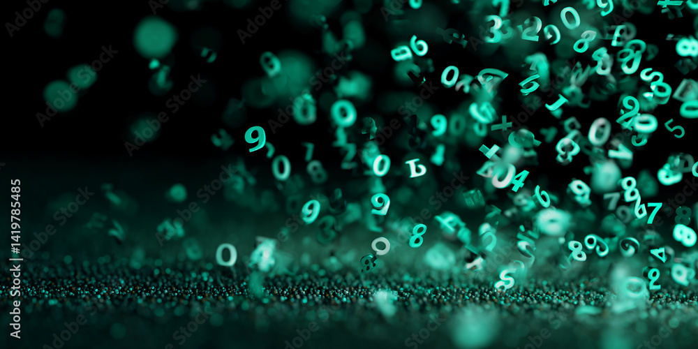Poster teal numbers float over dark teal glitter, creating a dynamic, abstract image suggesting data, techn