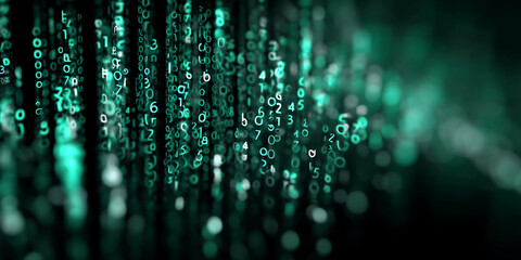 Abstract background of teal digital numbers falling, creating a dynamic and technological aesthetic, symbolizing data flow, coding, or digital transformation