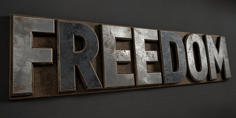 Metal letters spelling FREEDOM, showing texture and wear, mounted on dark background, symbolizing liberty and resilience