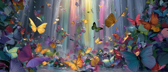 Many colorful butterflies fly in a vibrant garden with light streams.