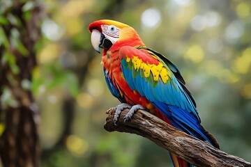 Obraz premium Vibrant Parrot Perched On A Branch Showcasing Colorful Feathers In A Natural Environment