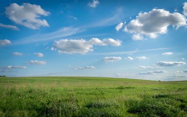 Obraz premium Vast Green Field Under a Blue Sky with Puffy White Clouds on a Sunny Summer Day