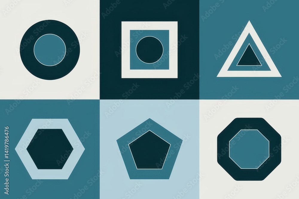 Poster geometric shapes in a grid pattern of teal and light gray.