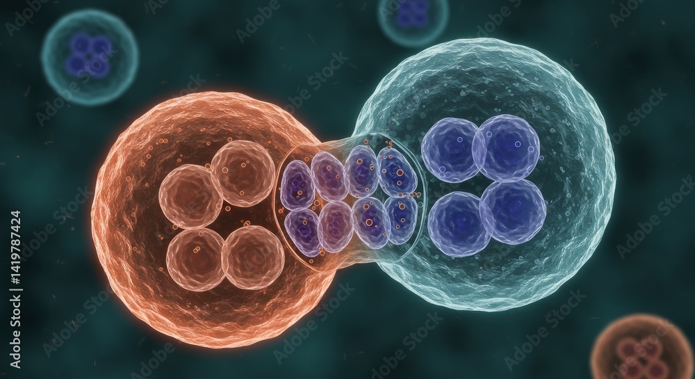 Poster microscopic view of cell division abstract glowing spheres and network connections in