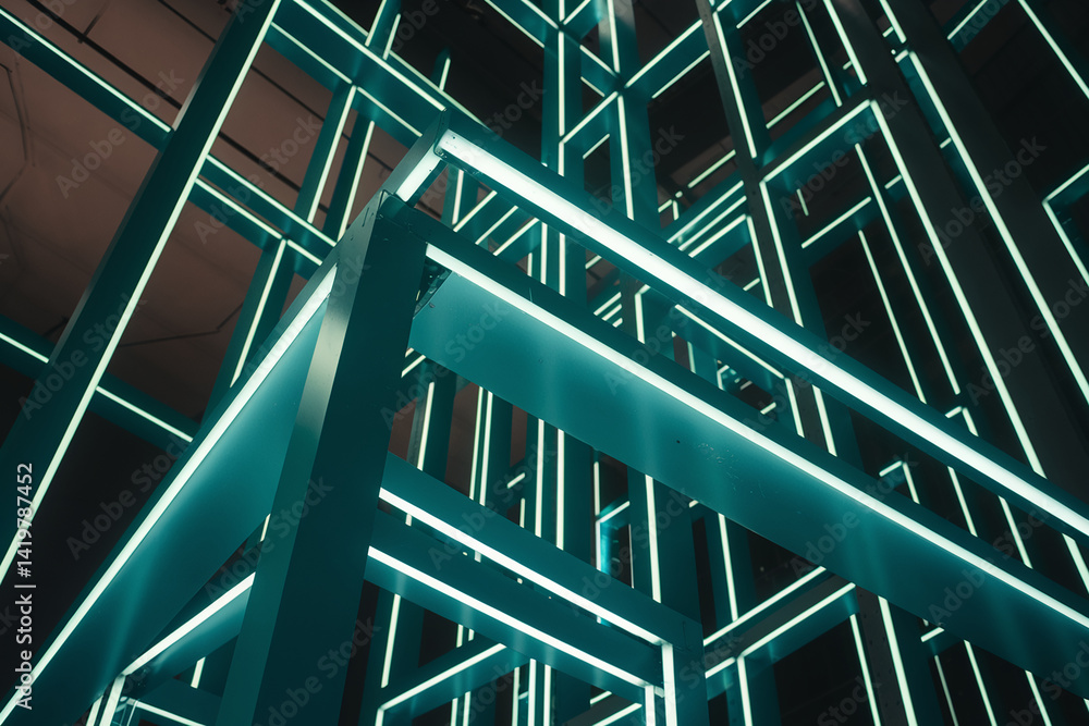Aufkleber teal geometric structure with neon lighting, creating a modern and abstract design, showcasing archi