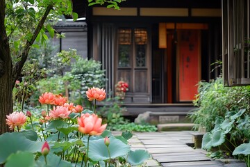 Obraz premium Vibrant Pink Lotus Flowers Blooming Near Traditional Japanese House in Serene Garden