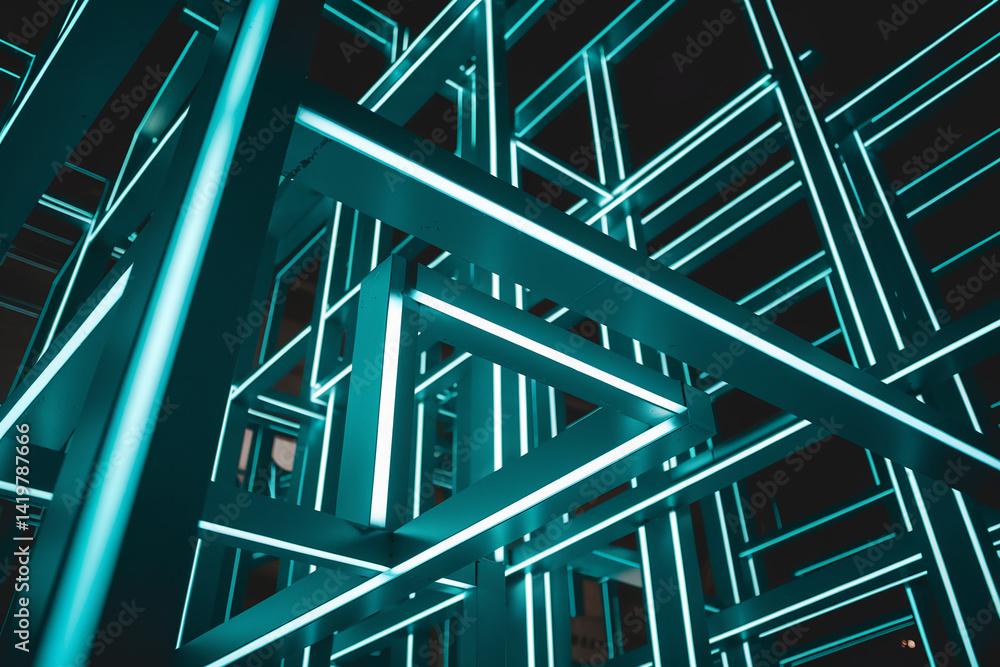 Poster Teal-colored illuminated geometric structure, creating an intricate and modern design, showcasing abstract architecture and vibrant lighting, ideal for technological or futuristic concepts