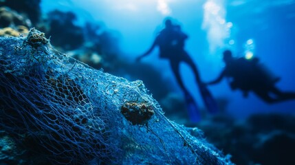 Ghost Net Entangled in Coral with Divers Behind